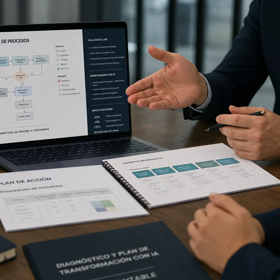 Consultor mostrando un mapeo de procesos y plan de acción en una laptop