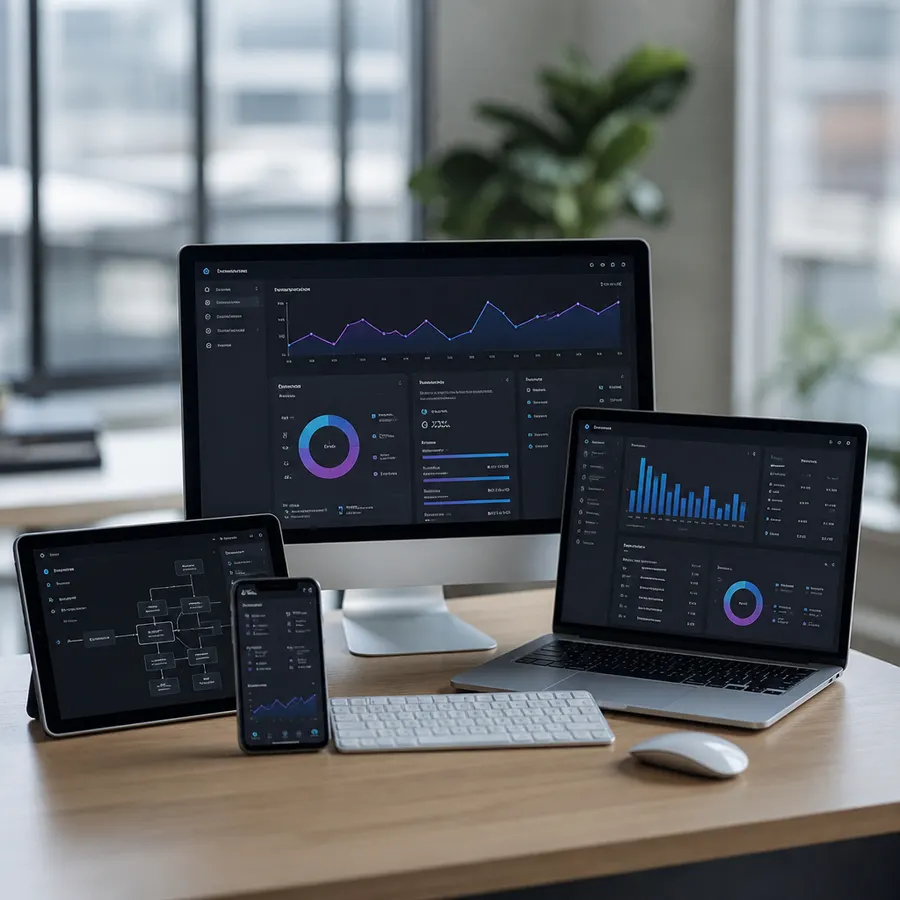 Panel de control con métricas y flujos de automatización mostrados en varios dispositivos